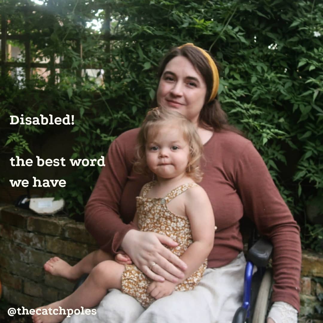 Lucy is in the garden with Viola on her lap, they're wearing dark brown & mustard. You can just about see her ancient metallic blue wheelchair. Lucy does not like metallic blue. The text reads - 'Disabled! The best word we have'