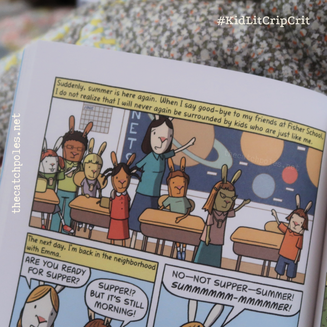 Another close up of inside pages - Cece, a child-rabbit, stands in a classroom with other child-rabbit friends with hearing aids. Writing at the top reads: 'When I say good-bye to my friends at Fisher school, I do not realise that I will never again be surrounded by kids who are just like me.'