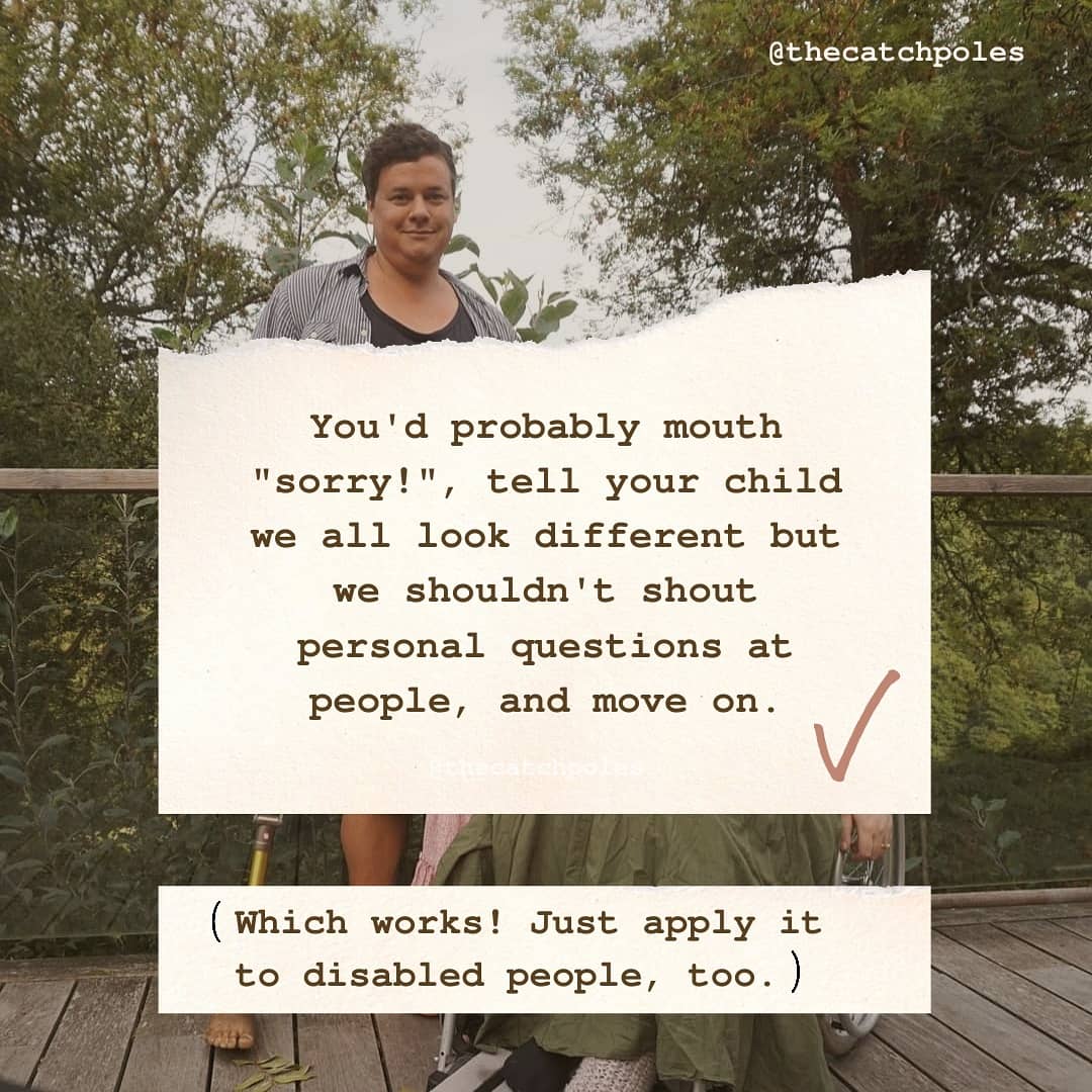 You'd probably mouth "sorry!", tell your child we all look different but we shouldn't shout personal questions at people, and move on. (Which works! Just apply it to disabled people, too.)

