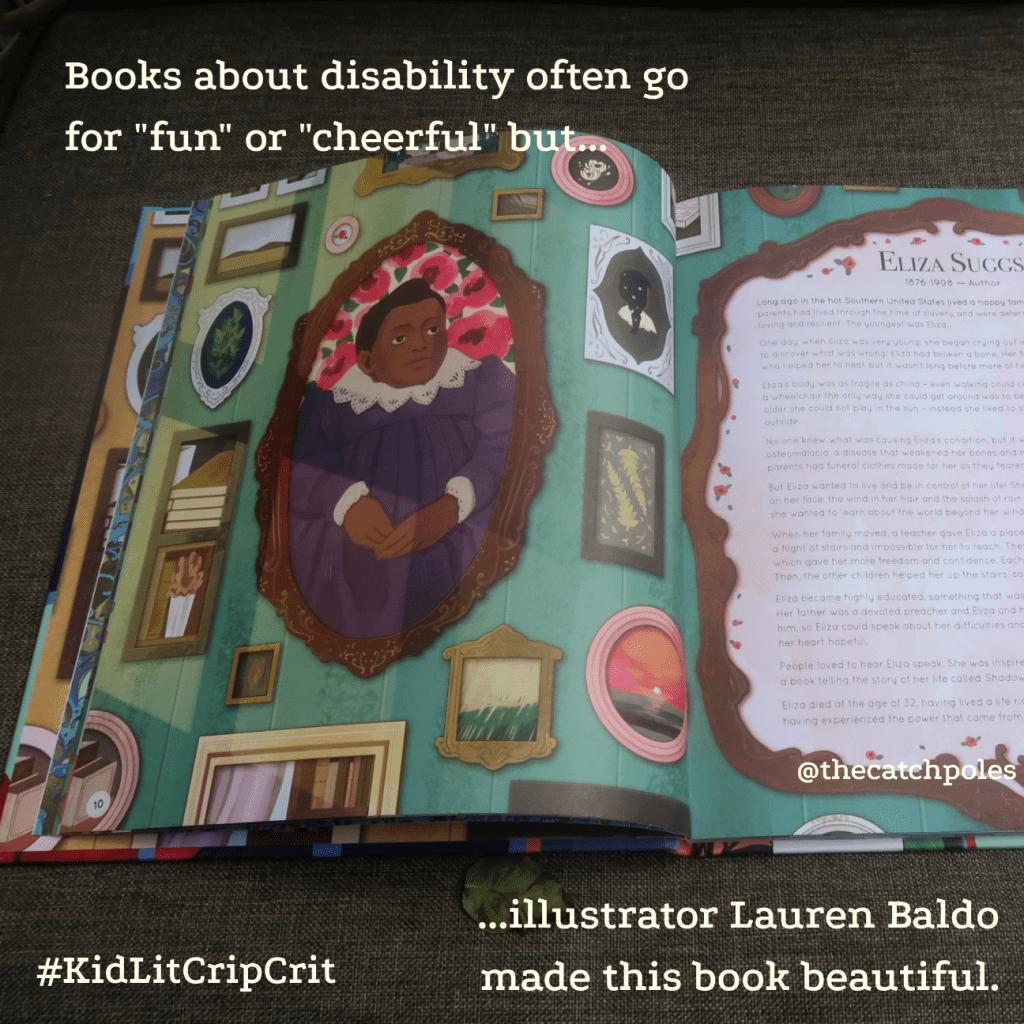 Inside pages showing Black author Eliza Suggs, a small woman in a clerical garment. Text reads: 'Books about disability often go for "fun" or "cheerful" but... illustrator Lauren Baldo made this book beautiful.'