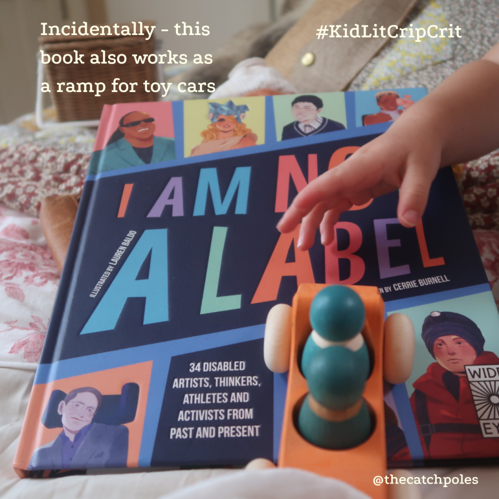 A toy car is careering down the front of the book, a small hand outstretched. Text reads: 'Incidentally - this book also works as a ramp for toy cars.' 