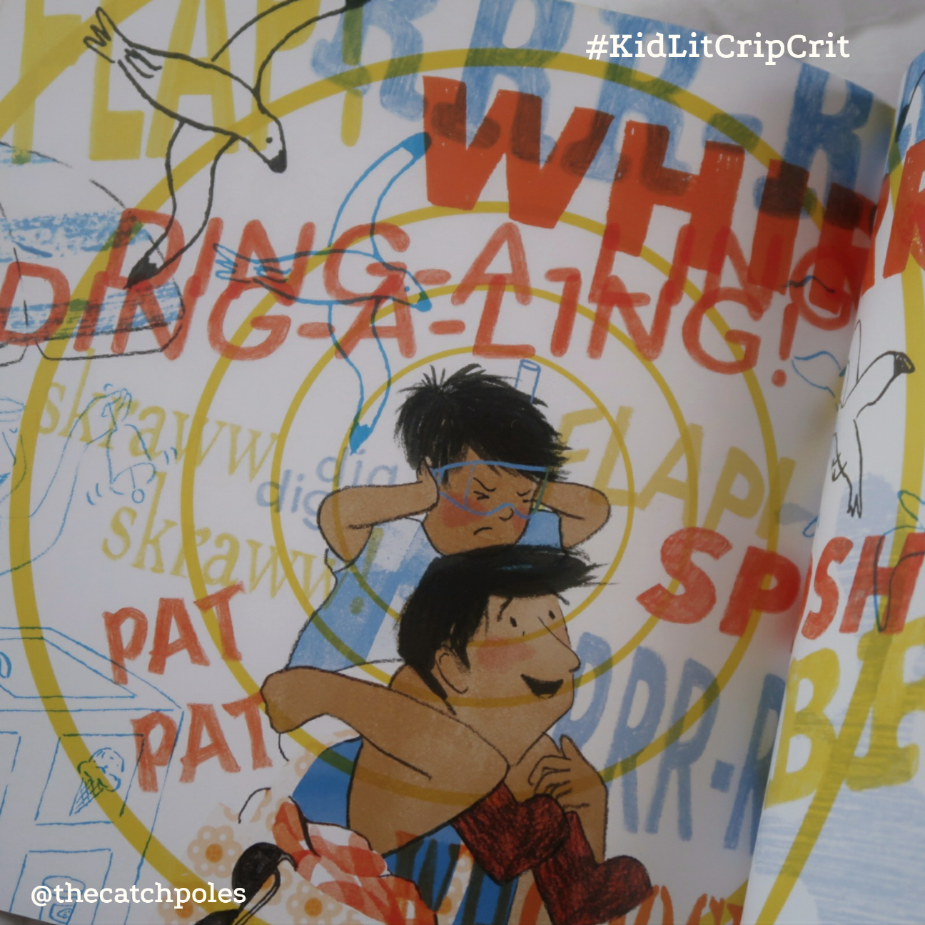 An evocation of sensory overload: the child sits on the dad's shoulders surrounded by a bombardment of large multicoloured words, reading eg 'DING ALING', 'PAT PAT' 'FLAP' etc. Dad looks happy, the child does not.