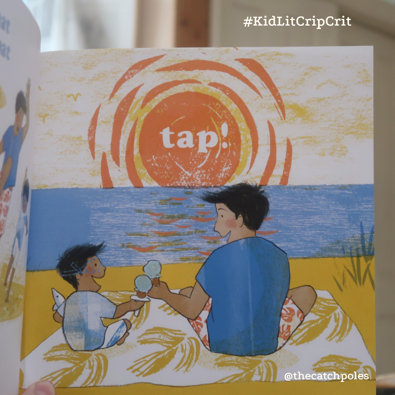 They sit happily on the beach with ice-creams. The word 'tap' appears over the sun.