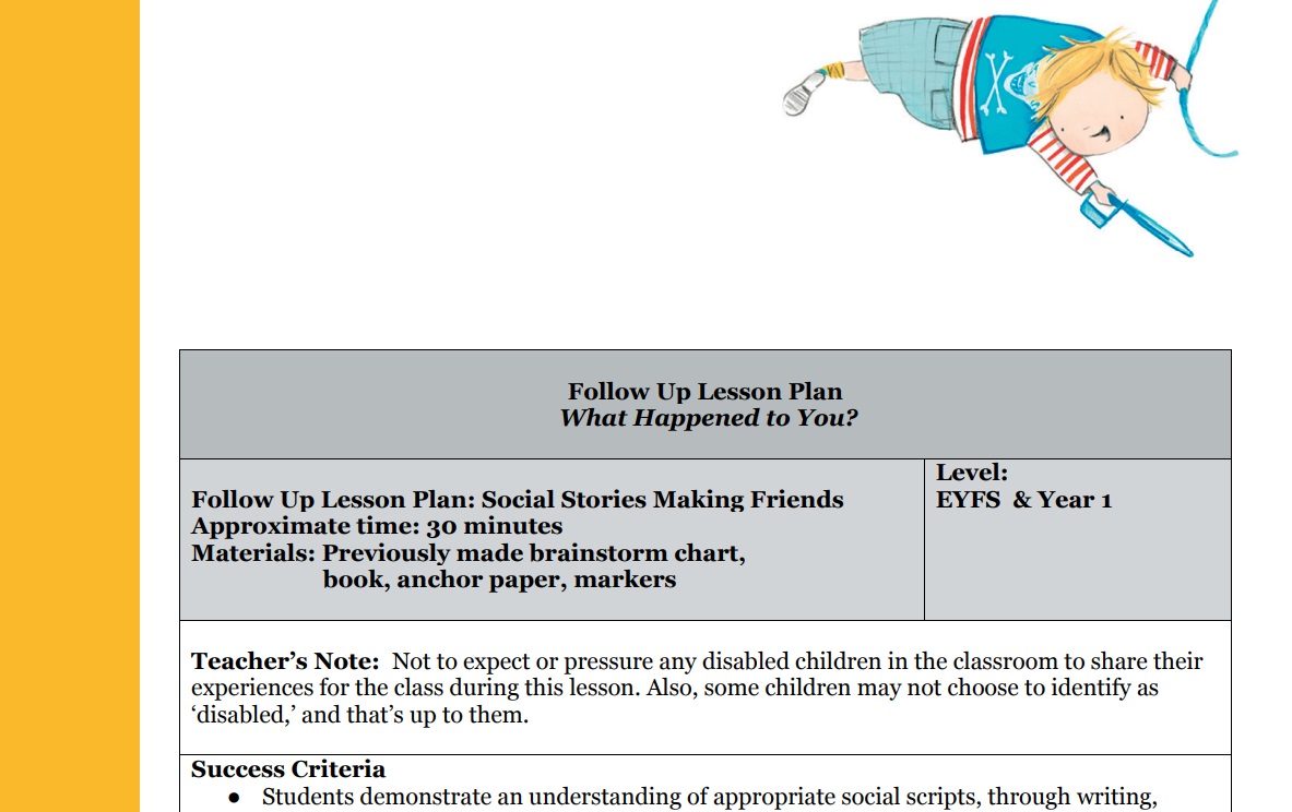 Title reads: Follow Up Lesson Plan: Social Stories Making Friends. Level: EYFS & Year 1. Illustration shows Joe flying through the air, being a pirate