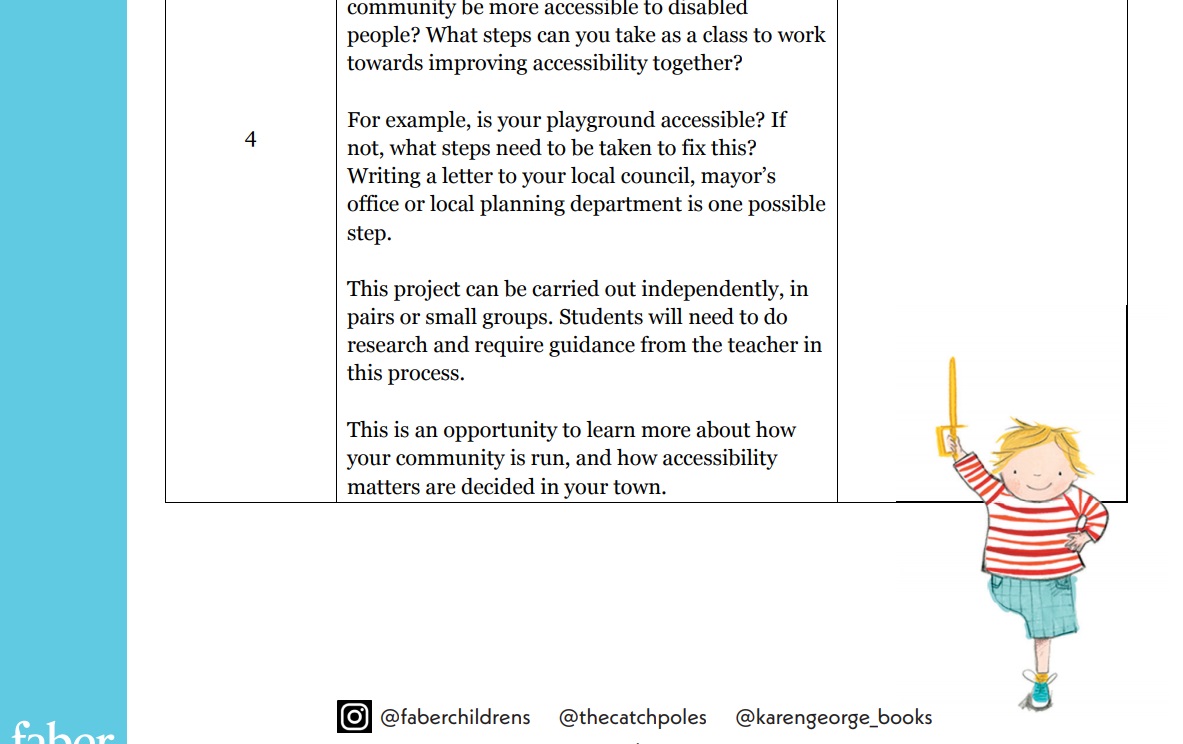 An extract from the Years 2 to 4 lesson plan. Eg "For example, is your plaground accessible?" Full text available in the pdf. Illustration shows Joe standing happily holding a sword.
