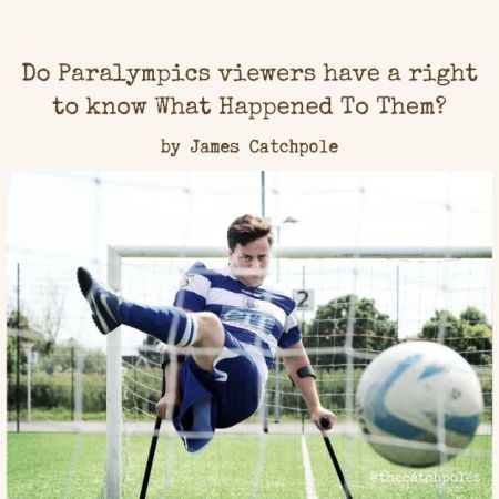 A photo by Richard Cave for the Oxford Mail of James playing amputee football - he's just kicked the ball directly at the camera and looks very intense. James is a one-legged white man, then in his 30s. He's using black crutches. Our text reads: '"What happened to you?" disability & sport' on a cream paper background. 