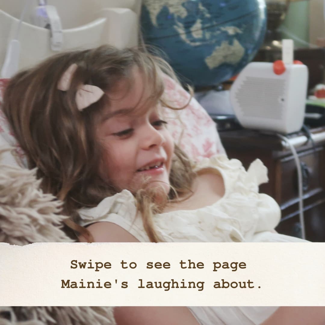 first slide: a close-up of Mainie's laughing face. Text reads "swipe to see the page Mainie's laughing about".