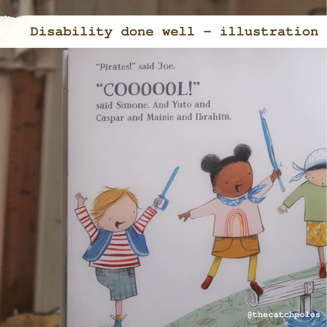 Illustration from What Happened to You? by Karen George . A one-legged white child stands happily, mid-game, with two friends. (Written by James!)