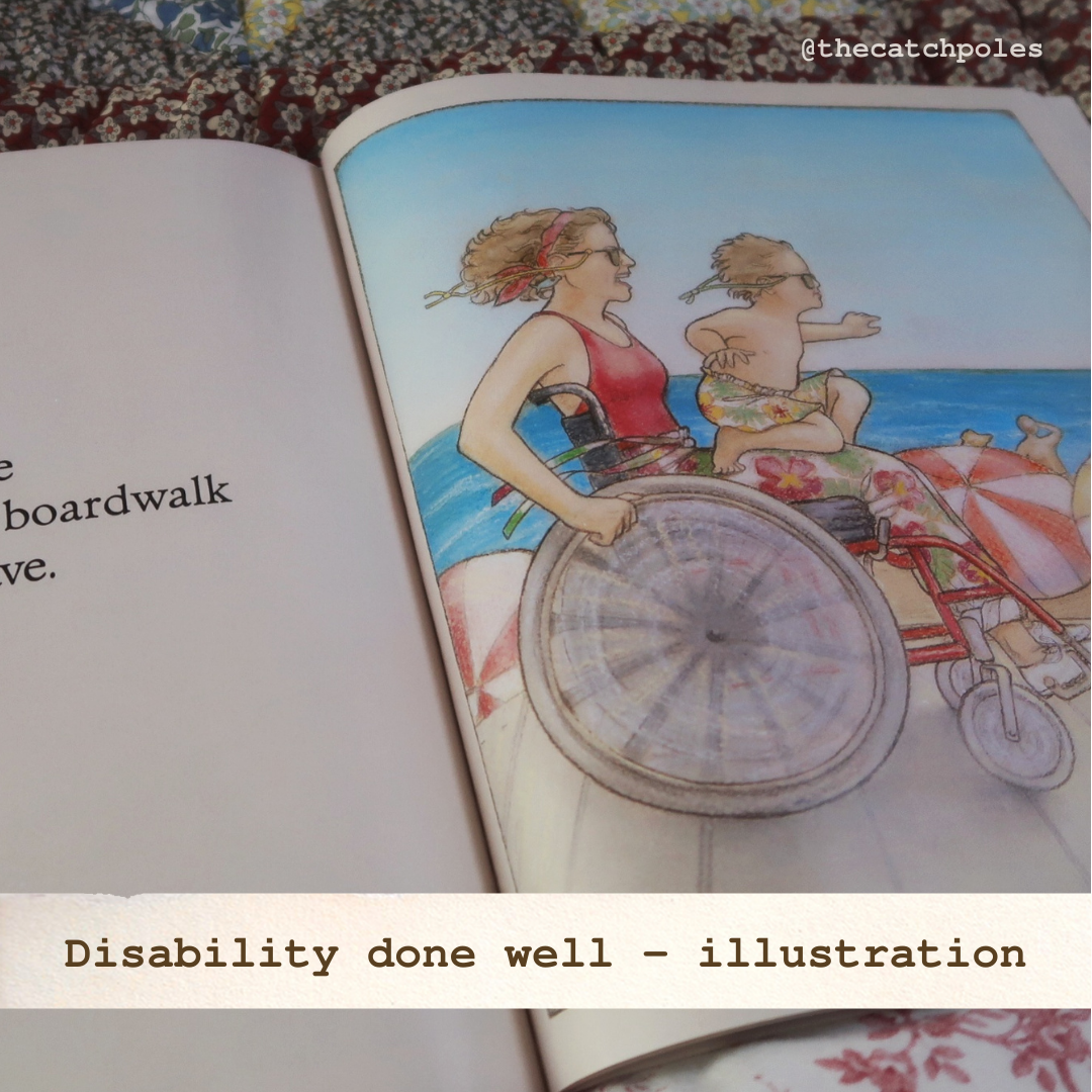 Illustration from Mama Zooms by Jane Cowen-Fletcher - a child rides on his mother's lap as she whizzes along a beachfront in her wheelchair. 