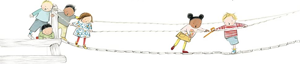 Illustration by Karen George - 5 non-disabled children, and one boy with one leg. A Black girl is talking to the (white) disabled boy.