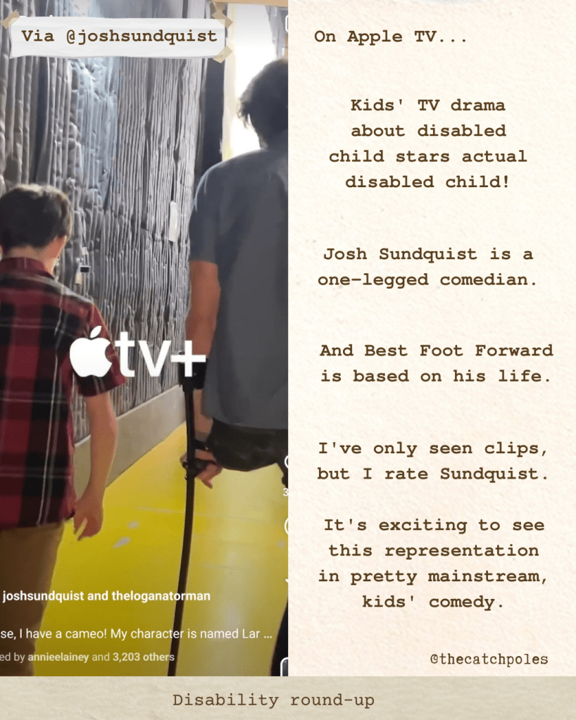 A still from the video trailer for Best Foot Forward from @joshsunquist 's account - a kids' comedy drama about and starring a one-legged boy. My text reads 'Apple TV. Kids' TV drama about disabled child stars actual disabled child! Josh Sundquist is a one-legged comedian. And Best Foot Forward is based on his life. I've only seen clips, but I rate Sundquist. It's exciting to see this representation in pretty mainstream, kids' comedy.'