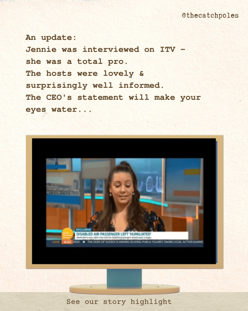 A still from a video of Jennie on TV. My text reads: 'An update: Jennie was interviewed on GMTV - she was a total pro. The hosts were lovely & surprisingly well informed. The CEO's statement will make your eyes water…'