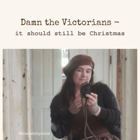 A photo of Lucy, sitting in her wheelchair wearing a lot of brown. A text box says 'Damn the Victorians. It should still be Christmas'.