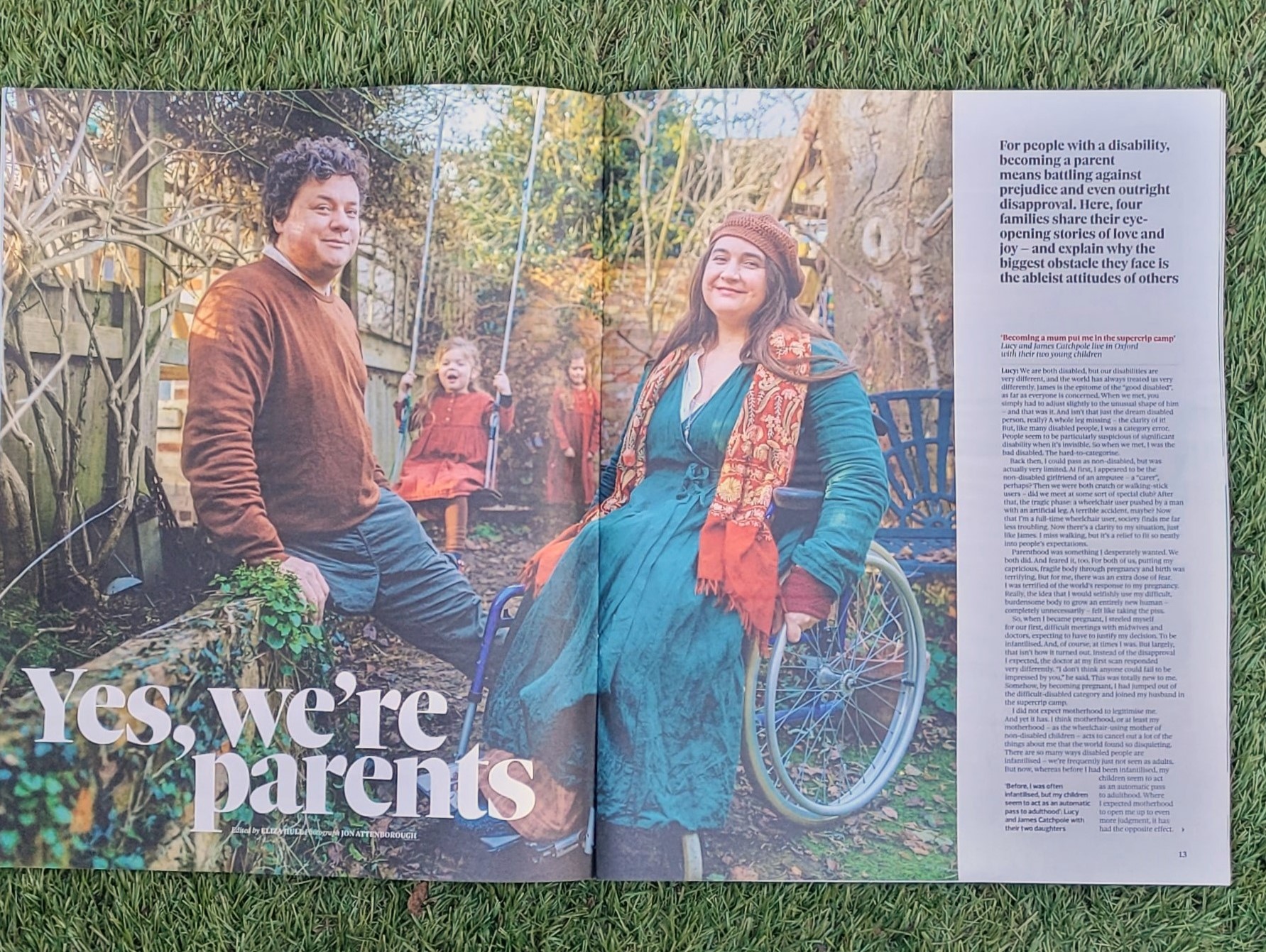 Photo of the Observer magazine - headline is 'Yes, we're parents' - a very large photo of Lucy and James in their garden takes up almost all of both pages, with a column of print on the right.