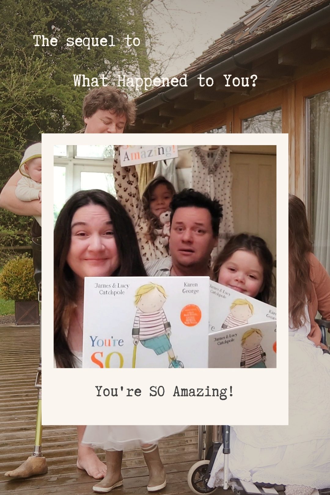 Lucy and James and their daughters hold copies of 'You're SO Amazing!' They do not look very inspiring.