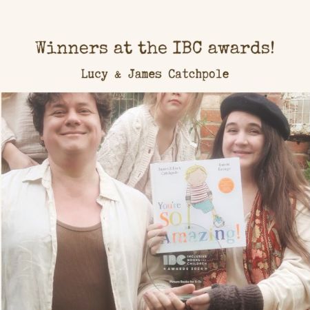 Text reads 'Winners at the IBC awards!' Lucy and James - a white disabled couple with their daughters - hold a copy of You're So Amazing and the IBC trophy. The trophy is transparent, making it almost invisible. Lucy is laughing.