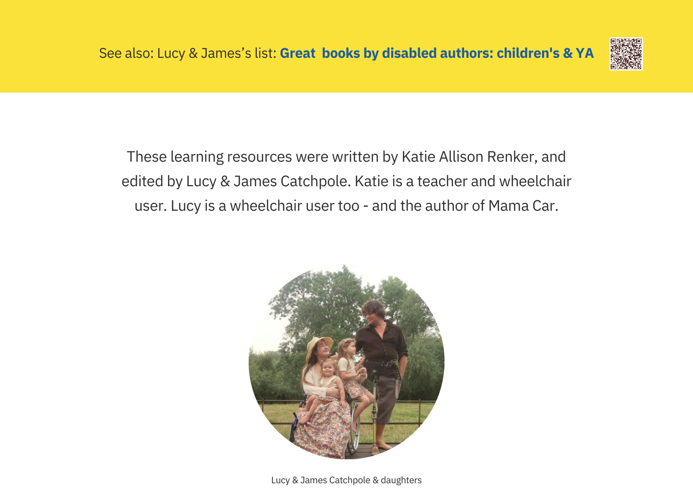 Last page extract - bio. Text at top reads: See also: Lucy and James's list: Great books by disabled authors: children's and YA.