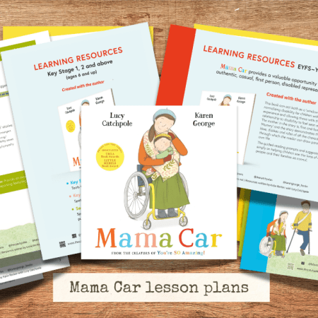 Mama Car lesson plans: A4 pages spread out on a wooden background. On the left: titled 'Learning Resources Key Stage 1, 2 and above' with 5 pages behind it. On the right, titled 'Learning Resources EYFS-Year1 (ages 3-6), with 9 pages behind. Pages are fanned out, contents is not visible. In the centre, picture book Mama Car. Text below reads: 'Mama Car lesson plans'