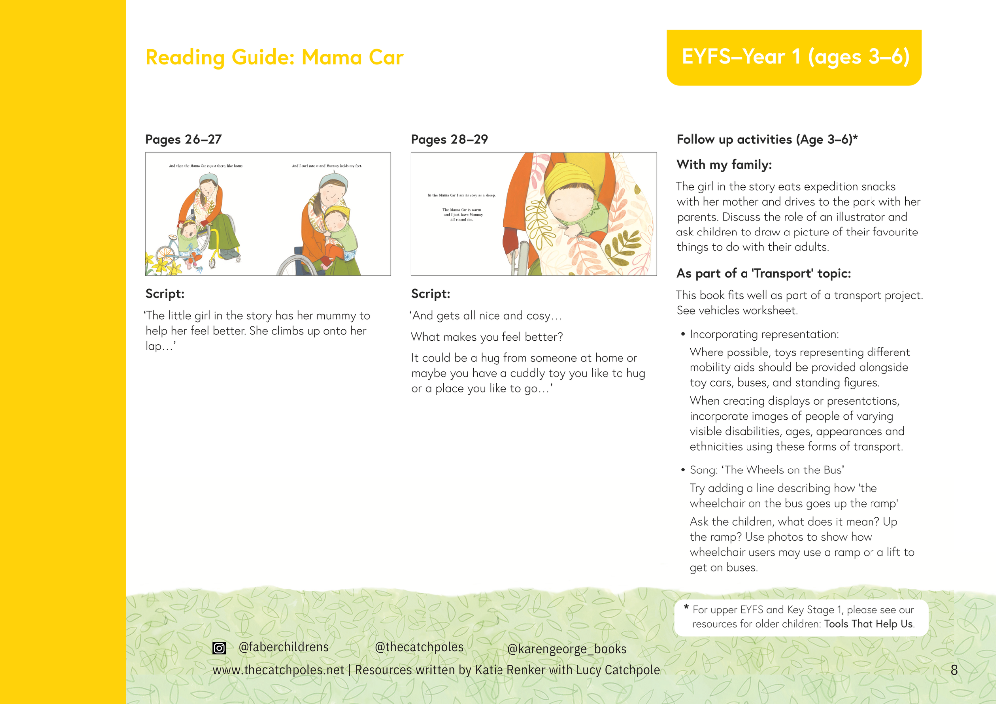 p8 of the EYFS plan. Title: Reading Guide: Mama Car. Inside pages from Mama Car next to a script. Pages shown are p26-9 - the mother picking up the young child, and her nestling into her mother's lap.