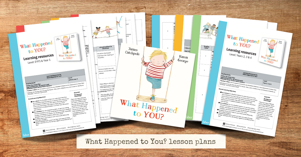 What Happened to You? lesson plans. A4 pages spread out on a wooden background. Pages are fanned out, contents is not visible. In the centre, picture book What Happened to You?. Text below reads: 'What Happened to You? lesson plans'