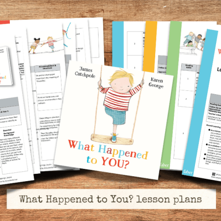 What Happened to You? lesson plans. A4 pages spread out on a wooden background. Pages are fanned out, contents is not visible. In the centre, picture book What Happened to You?. Text below reads: 'What Happened to You? lesson plans'