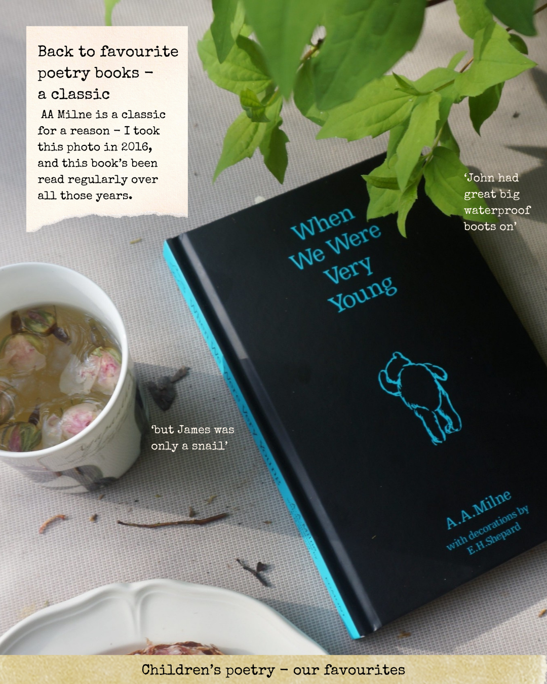 A 2016 photo of When We Were Very Young by AA Milne, outdoors, next to a cup of flowery tea.
My text reads:
‘Back to favourite poetry books - a classic.
AA Milne is a classic for a reason - I took this photo in 2016, and this book’s been read regularly over all those years.’
Two quotes from the book are written over the top:
‘John had great big waterproof boots on’ and ‘but James was only a snail’
