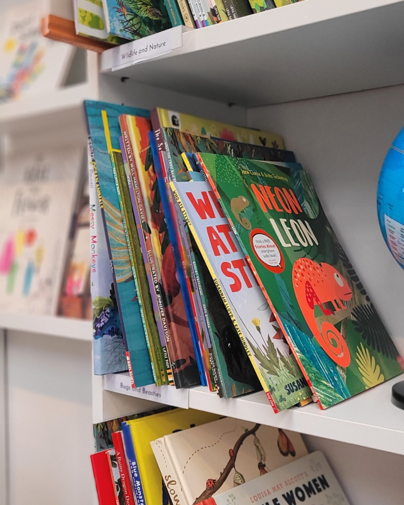 Neon Leon. A bookshelf filled with colourful picture books, including 'Neon Leon' by Jane Clarke, illustrated by Britta Teckentrup, and ‘Who Ate Steve’. The books have vibrant covers, and a globe is visible.