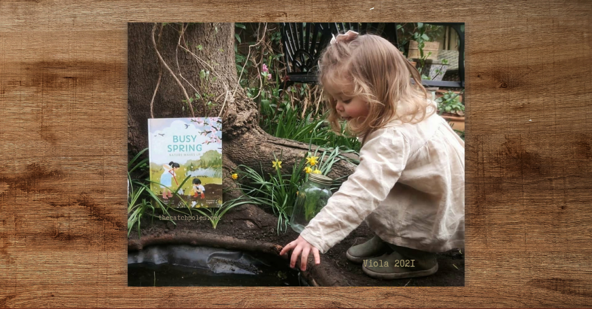 A toddler sits by a small pond, her hand outstretched - next to Busy Spring, a picture book. Labelled 'Viola 2021'. Photo is on a wooden background.