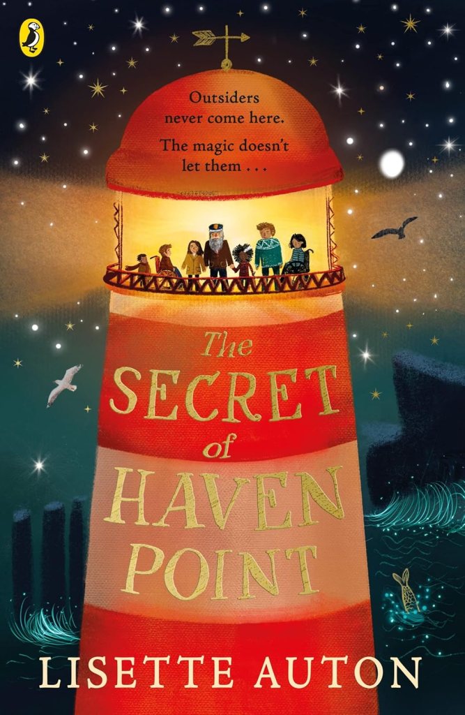 The Secret of Haven Point - Lisette Auton. Book cover illustration - a dark sea and starry night, in a lighthouse in the middle, we can see the characters.