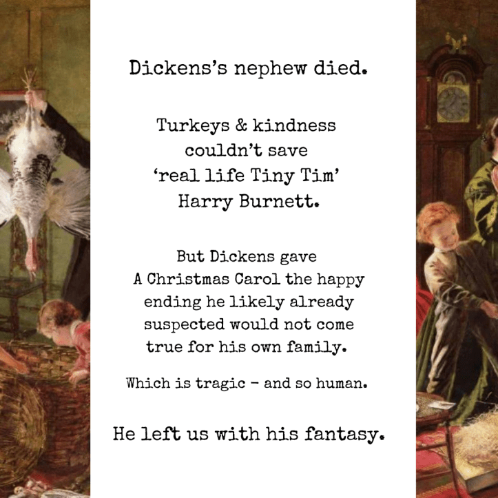 “Dickens’s nephew died. Turkeys & kindness couldn’t save ‘real life Tiny Tim’ Harry Burnett. But Dickens gave A Christmas Carol the happy ending he likely already suspected would not come true for his own family. Which is tragic - and so human. He left us with his fantasy.” Borders - from “The Christmas Hamper,” by Robert Braithwaite Martineau,1850. A Victorian family opening a luxurious hamper, including turkey - an oil painting with rich, warm colours.