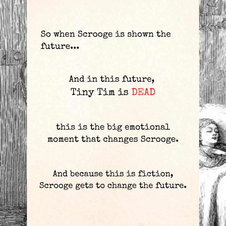 Text: “So when Scrooge is shown the future… And in this future, Tiny Tim is DEAD this is the big emotional moment that changes Scrooge. And because this is fiction, Scrooge gets to change the future.” The borders show a fragment of an 1869 illustration of Tim on his deathbed, by Sol Eytinge.