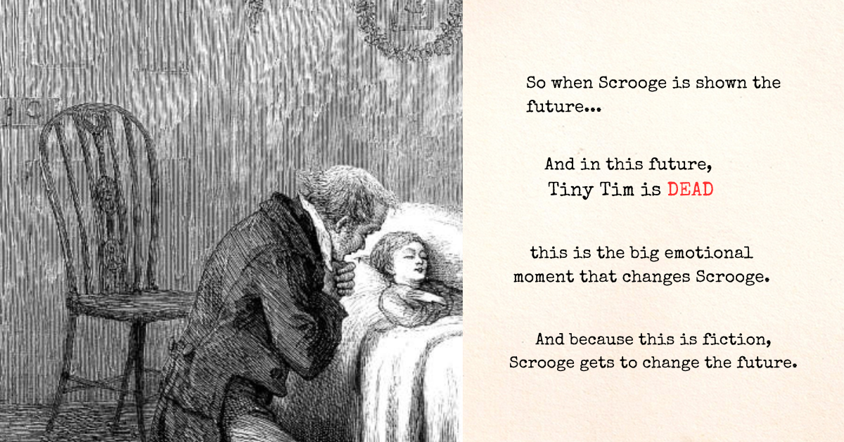 Text: “So when Scrooge is shown the future… And in this future, Tiny Tim is DEAD this is the big emotional moment that changes Scrooge. And because this is fiction, Scrooge gets to change the future.” The borders show a fragment of an 1869 illustration of Tim on his deathbed, by Sol Eytinge.