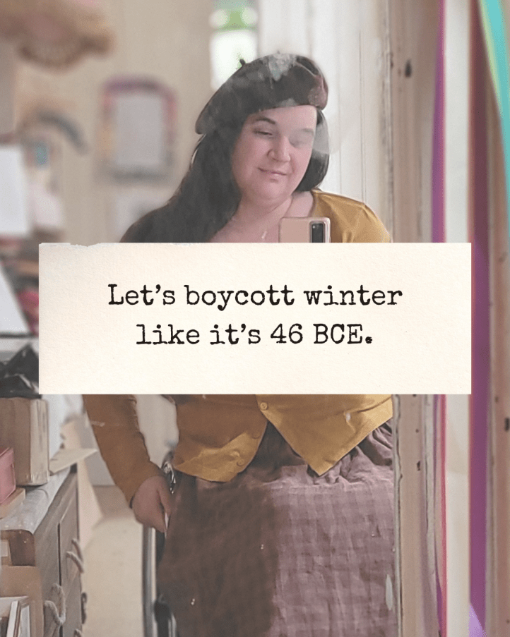 “Let’s boycott winter like it’s 46 BCE.” Image behind is another variant on the original image of me in my wheelchair in the mirror.