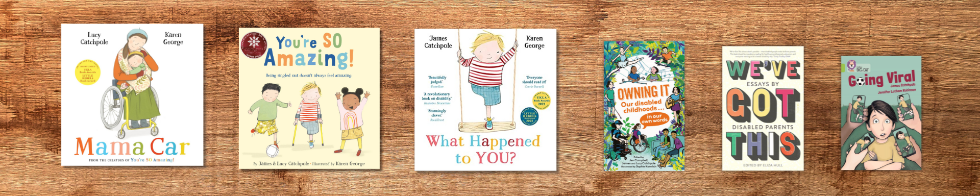 All books by Lucy & James Catchpole - What Happened to You? You're So Amazing! Mama Car, Owning It: Our disabled childhoods, We've Got This: Essays by Disabled Parents, Going Viral.