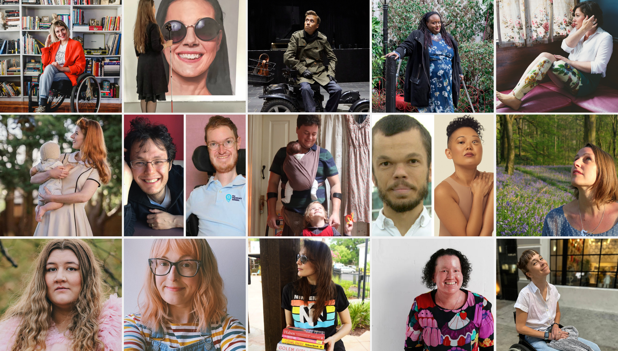 Photos of some the authors of Owning It: Rebekah Taussig, Leona Godin, Jan Grue, Imani Barbarin, Christa Couture, Jessica Kellgren-Fozard, Ilya Kaminski, Steven Verdile, James Catchpole, Eugene Grant, Sora Kasuga, Polly Atkin, Elle McNichol, Jen Campbell, Kendra Winchester, Carly Findlay, Alex Wegman,