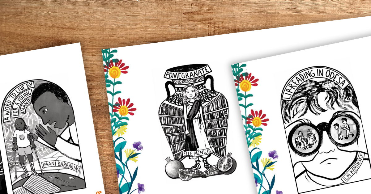 Illustrations by Sophie Kamlish of title pages - Elle McNicoll, Imani Barbarin and Ilya Kaminsky