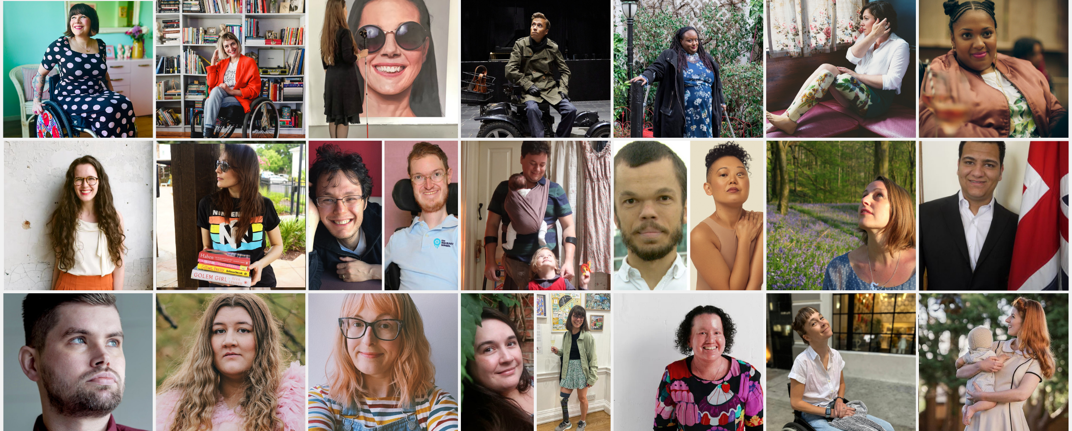 Photos of the creators of Owning It: Nina Tame, Rebekah Taussig, Leona Godin, Jan Grue, Imani Barbarin, Christa Couture, Matilda Feyiṣayọ Ibini, Ashley Harris-Whaley, Kendra Winchester, Ilya Kaminski, Steven Verdile, James Catchpole, Eugene Grant, Sora Kasuga, Polly Atkin, Ali Abbas, Daniel Sluman, Elle McNichol, Jen Campbell, Lucy Catchpole, Sophie Kamlish, Carly Findlay, Alex Wegman,  Jessica Kellgren-Fozard,