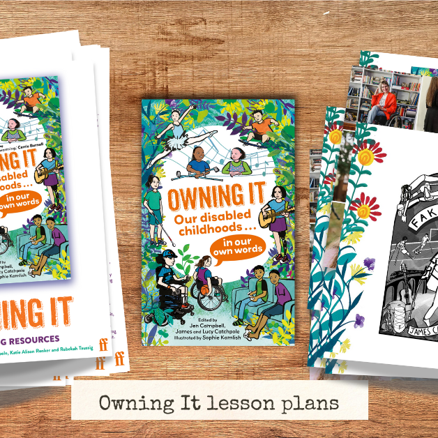 Owning It Lesson Plan jpgs, Owning It - a thick middle-grade book - in the middle. A4 sheets - lesson plan and slideshow - surround it. Bio photos of some of the authors are just visible.