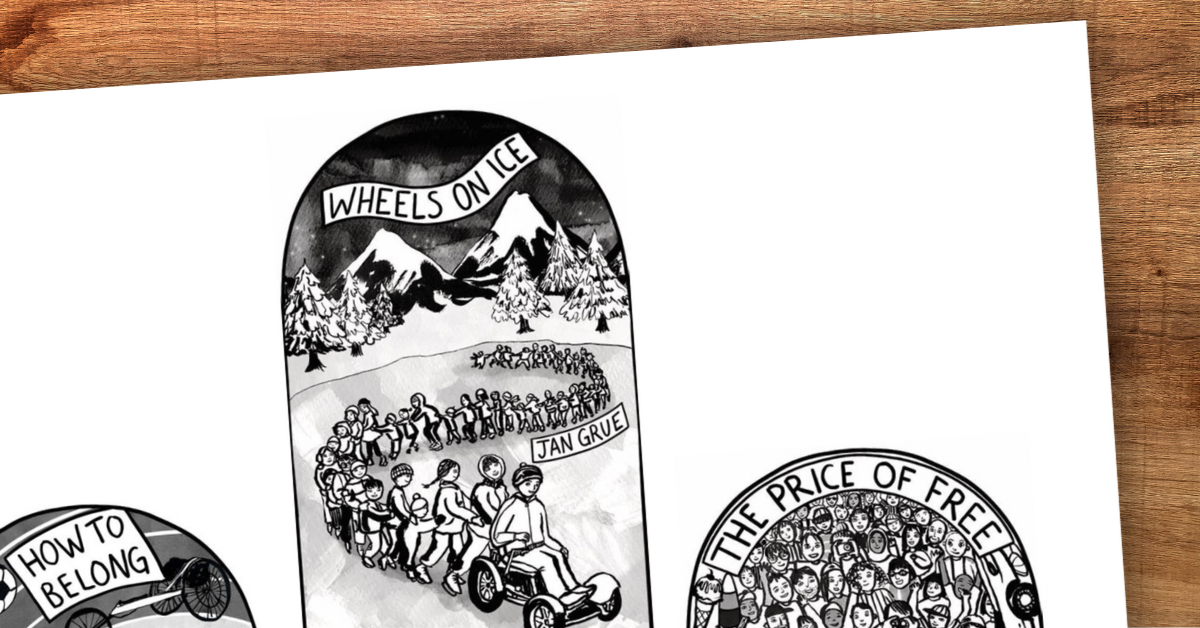 Close up of title page of 'Wheels on Ice' by Jan Grue.